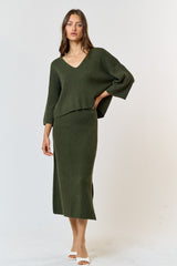 Forest Green Textured Knit Top And Midi Skirt Maternity Set