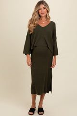 Forest Green Textured Knit Top And Midi Skirt Maternity Set