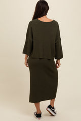 Forest Green Textured Knit Top And Midi Skirt Set