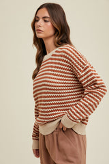 Rust Striped Crochet Knit Sweater