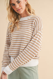 Mocha Striped Crochet Knit Sweater