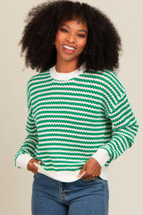 Green Striped Crochet Knit Sweater