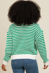 Green Striped Crochet Knit Sweater