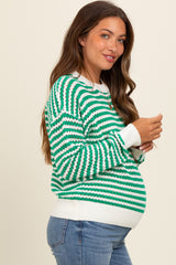 Green Striped Crochet Knit Maternity Sweater