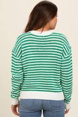 Green Striped Crochet Knit Maternity Sweater