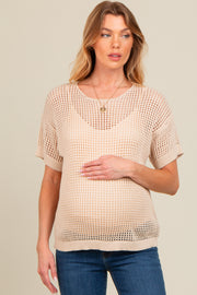 Beige Open Knit Maternity Sweater Top