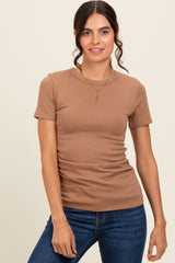 Mocha Ruched Micro-Rib Maternity Top