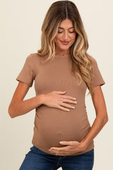 Mocha Ruched Micro-Rib Maternity Top