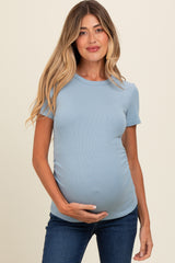 Blue Ruched Micro-Rib Maternity Top