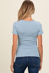 Blue Ruched Micro-Rib Maternity Top