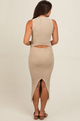 Beige Vintage Wash Ribbed Cutout Maternity Dress