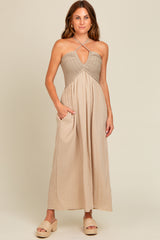 Beige Halter Crochet Top Maternity Maxi Dress