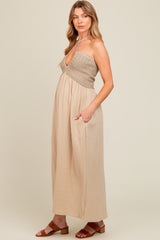 Beige Halter Crochet Top Maternity Maxi Dress