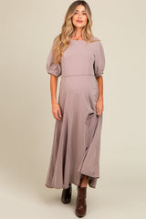 Taupe Vintage Wash Puff Sleeve Maternity Maxi Dress