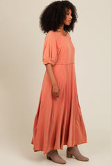 Rust Vintage Wash Puff Sleeve Maxi Dress