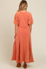 Rust Vintage Wash Puff Sleeve Maternity Maxi Dress