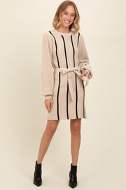 Cream Striped Sash Tie Sweater Dress