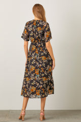 Black Smocked Floral Midi Dress