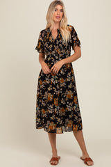 Black Smocked Floral Maternity Midi Dress