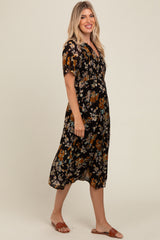 Black Smocked Floral Midi Dress