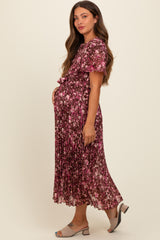 Brown Floral Pleated Maternity Midi Dress