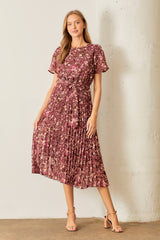 Brown Floral Pleated Midi Dress