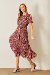 Brown Floral Pleated Midi Dress