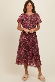 Brown Floral Pleated Midi Dress