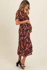 Black Floral Smocked Button Up Maternity Midi Dress