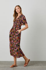 Black Floral Smocked Button Up Midi Dress