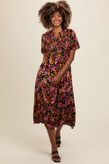 Black Floral Smocked Button Up Maternity Midi Dress