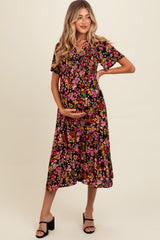 Black Floral Smocked Button Up Maternity Midi Dress