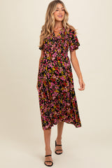 Black Floral Smocked Button Up Maternity Midi Dress