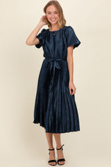 Navy Satin Pleated Sash Tie Midi Dress