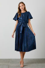 Navy Satin Pleated Sash Tie Maternity Midi Dress