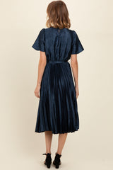 Navy Satin Pleated Sash Tie Midi Dress