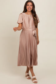 Mocha Satin Pleated Sash Tie Maternity Midi Dress