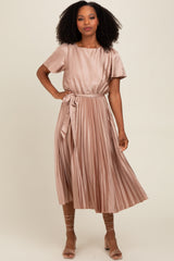 Mocha Satin Pleated Sash Tie Maternity Midi Dress