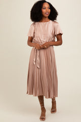 Mocha Satin Pleated Sash Tie Midi Dress