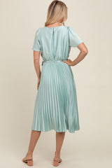 Mint Green Satin Pleated Sash Tie Midi Dress