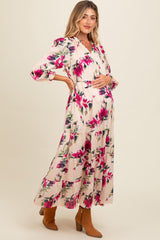 Peach Floral V-Neck Tiered Maternity Midi Dress