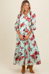 Mint Floral V-Neck Tiered Maternity Midi Dress