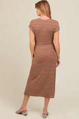 Brown Striped Gathered Waist Maternity Dress