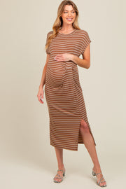 Brown Striped Gathered Waist Maternity Dress