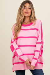 Pink Striped Knit Dolman Sleeve Maternity Top