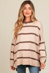 Beige Striped Knit Dolman Sleeve Maternity Top