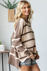 Beige Striped Knit Dolman Sleeve Top