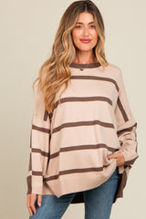 Beige Striped Knit Dolman Sleeve Maternity Top