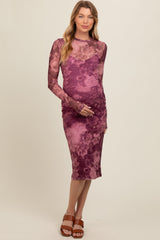 Magenta Floral Mesh Midi Maternity Dress