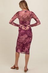 Magenta Floral Mesh Midi Maternity Dress